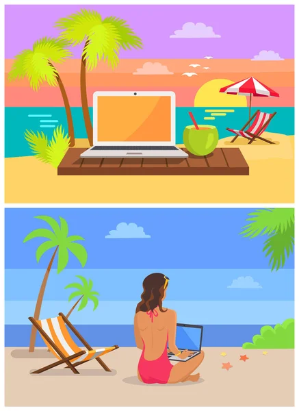 Freelancer com Laptop Set Vector Ilustração — Vetor de Stock