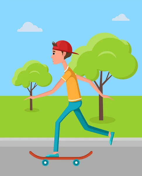 Κατάρτιση skateboarder σε πράσινο Skatepark με δέντρο — Διανυσματικό Αρχείο