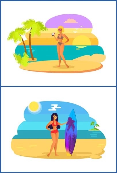 Chicas con Cocktail Surfboard Vector Illustration — Vector de stock