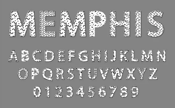 Memphis alfabet en getallen vectorillustratie — Stockvector