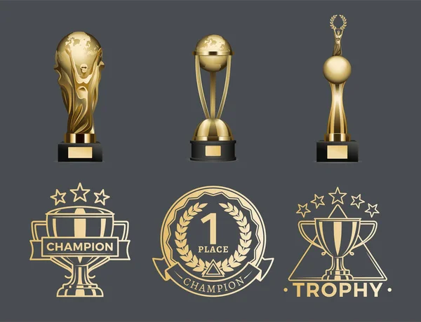 Taças de troféu de ouro e medalhas para 1st Place Set —  Vetores de Stock