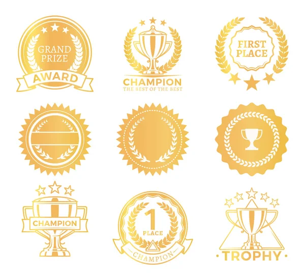 Hoofdprijs Trofeeën Collectie Kleurrijke Gouden Stickers Met Koppen Spandoeken Laurier — Stockvector