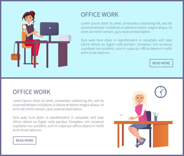 Γραφείο εργασίας σελίδα Pretty γυναικών στο χώρο εργασίας πληκτρολόγηση — Διανυσματικό Αρχείο