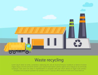 Atık geri dönüşüm poster metin örneği ve başlık, bina, Tesis kamyon çöp fabrikaya ecco sorunlarını çözme vektör çizim taşıma