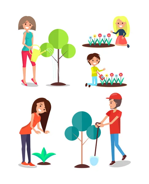 People Planting Trees, Children Watering Flowers Vector Graphics