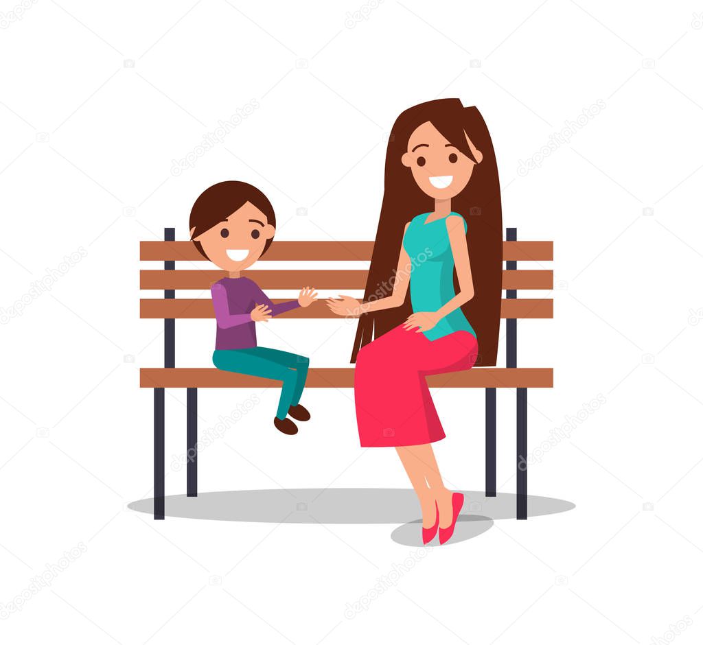 Smiling Mother and Son Sitting on Wooden Bench