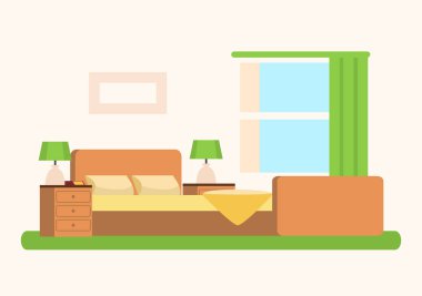 Büyük pencere yakınındaki yumuşak geniş yataklı yatak odası