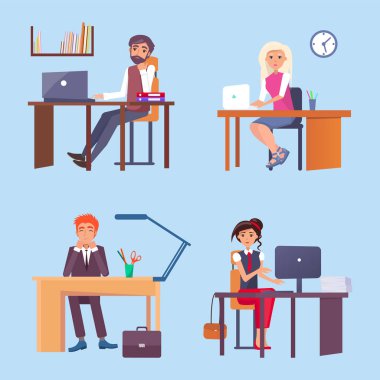 Ofis çalışanları masaları bilgisayar kümesi ile otur. İşçiler işlerini yapmak. Kadın ve erkek resmi kıyafetleri ile dizüstü bilgisayarlar yalıtılmış vektör çizimler.