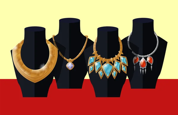 Conjunto de collares dorados de lujo en maniquíes negros — Vector de stock