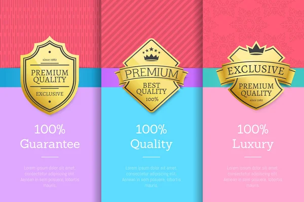 Gouden etiketten met kroon 100 kwaliteit Premium Set — Stockvector