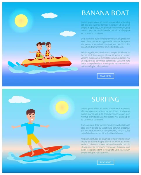 Banana Boat et surf Activité sportive estivale Web — Image vectorielle