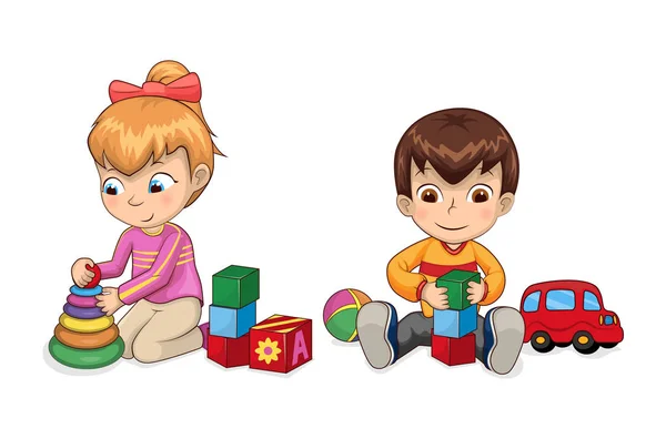 Lekfulla barn med leksaker vektor Illustration — Stock vektor
