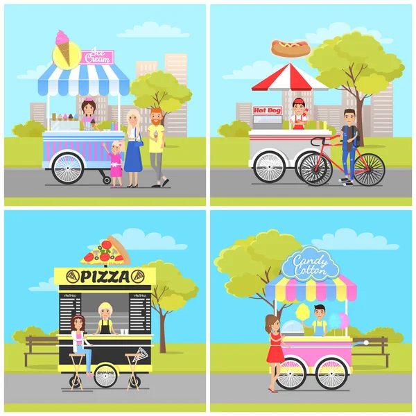 Pizza Hot Dog à la crème glacée et fourgonnettes de coton Candy — Image vectorielle