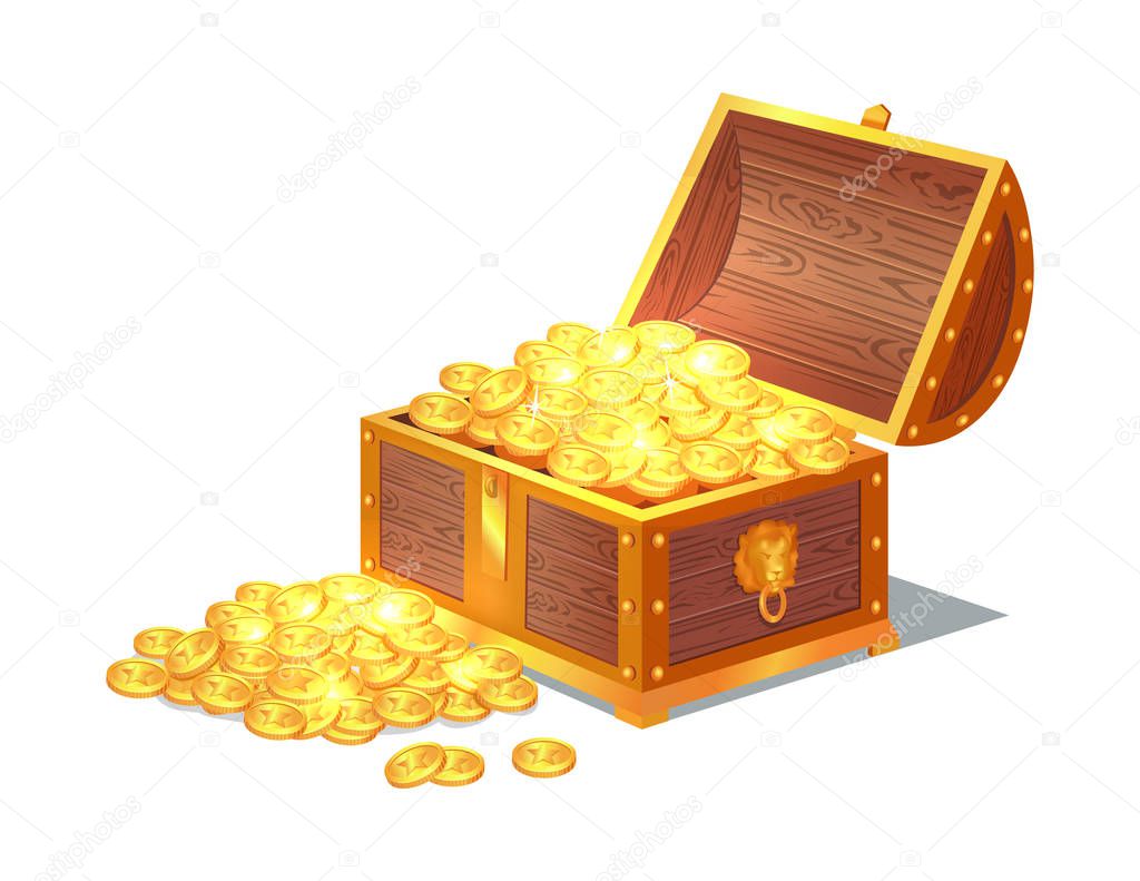 Shiny Gold Ancient Coins in Old Open Wooden Chest