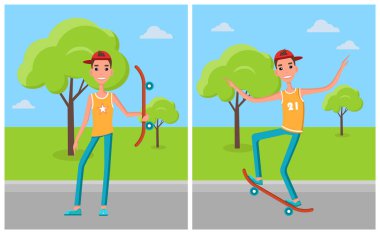 Ağaç ile yeşil Skatepark eğitimde kaykaycı