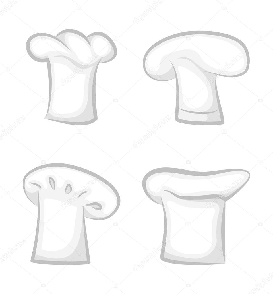 Chef cook Monochrome hats, various design for kitchen staff headwear elements, vector illustration of bakers restaurant worker caps isolated on white.
