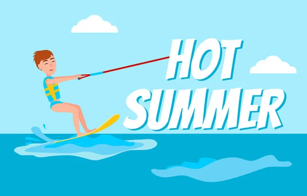 Καυτό καλοκαίρι αφίσα Kitesurfing ευτυχισμένο αγόρι διάνυσμα — Διανυσματικό Αρχείο