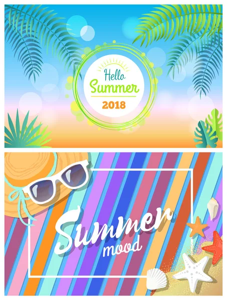 Γεια σας καλοκαίρι 2018 καλοκαιρινή διάθεση φωτεινό κάρτες — Διανυσματικό Αρχείο