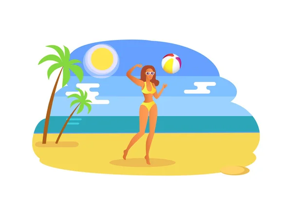 Chica jugando con Ball Coastline Tropical Seashore — Vector de stock