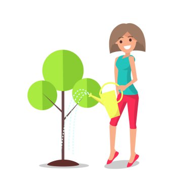 Yetişkin kadın metal ağaç sulama vektör