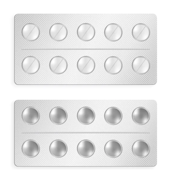 Paketlenmiş tabletler ve üzerinde beyaz izole hapları Set — Stok Vektör