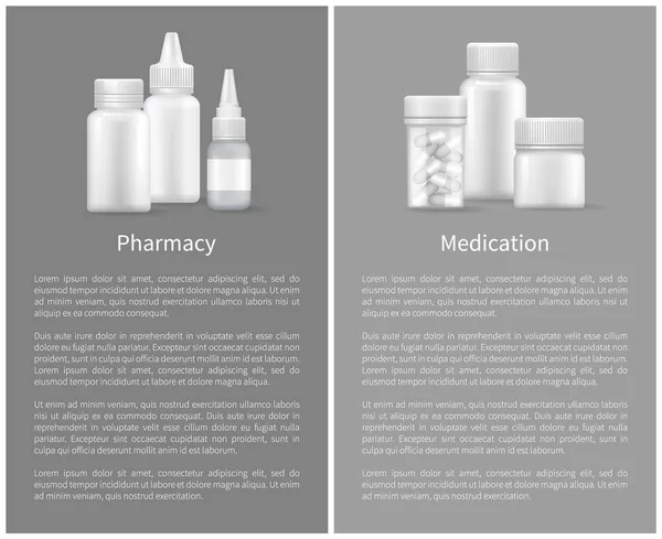 Farmacia conjunto de medicamentos Carteles Tratamiento Remedio — Vector de stock