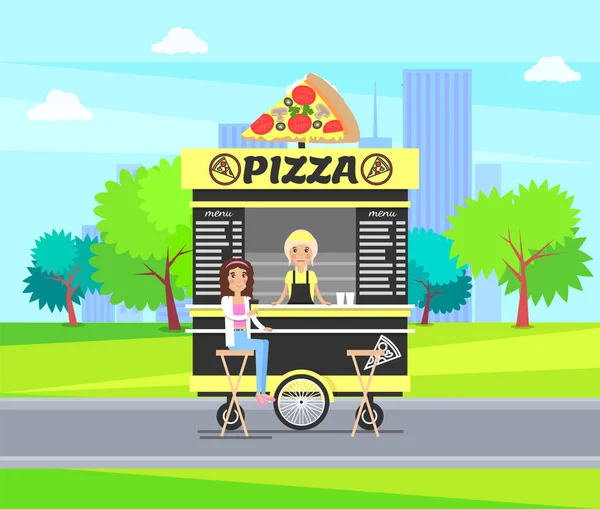 Pizza mobiele winkel op karren Vector Illustratie te slaan — Stockvector