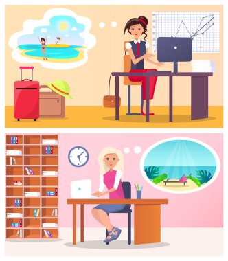 Office vektör çizimler çalışmalarında güzel kadınlar
