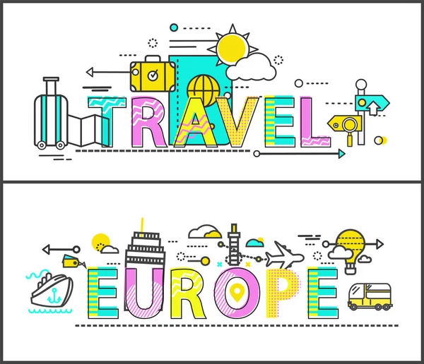 Viaggio in Europa isolato su poster colorato bianco — Vettoriale Stock