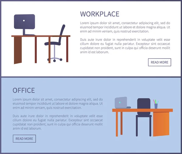 Ofis İşyeri tasarımı masa, bilgisayar ve sandalye — Stok Vektör