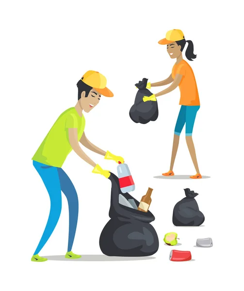 Illustration vectorielle de la collecte des déchets par la femme et l'homme — Image vectorielle