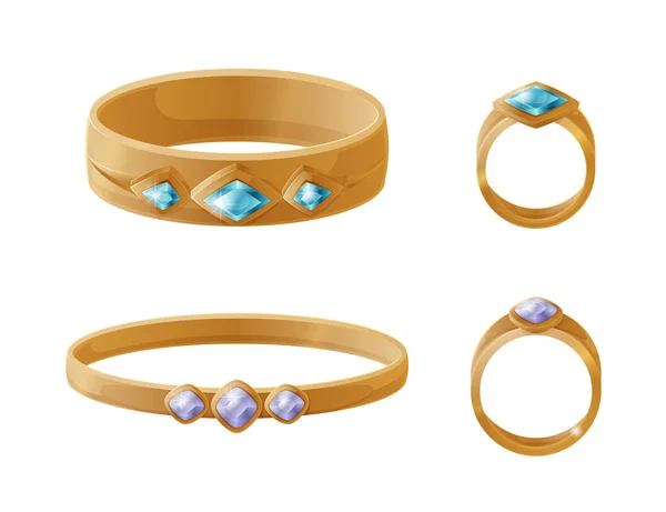 Ékszer szett arany gyűrűk gyöngyökkel elemek — Stock Vector