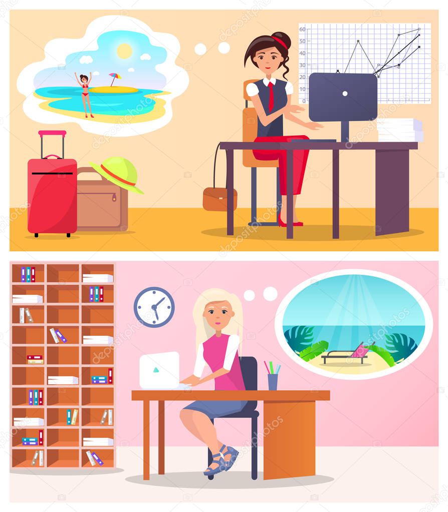Pretty Women Works in Office Vector Illustrations
