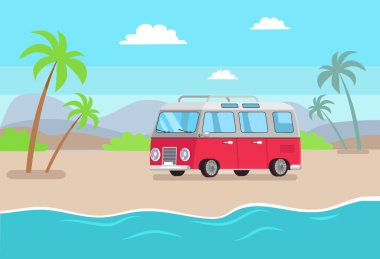 Araba ve sahil kompozisyon vektör çizim