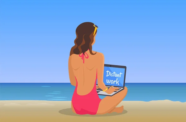 Banner de trabajo distante, linda ilustración de la vista de verano — Vector de stock