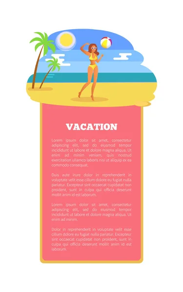 Cartel de vacaciones de verano chica jugando a la línea costera de la bola — Archivo Imágenes Vectoriales