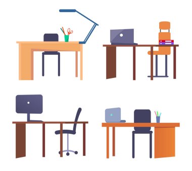 Ofis masaları ve sandalyeleri vektör çizim ayarla