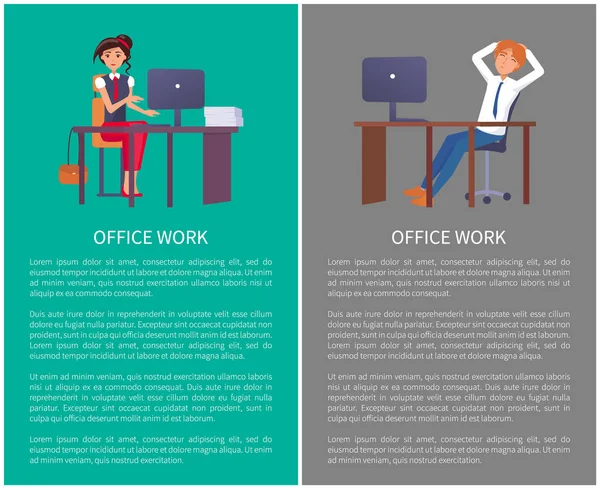 Office Work Poster Man Woman at Workplace Vector — Stock Vector