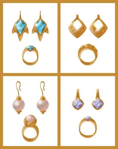 Set of Jewelry Items Golden Earrings with Pearls - Stok Vektor