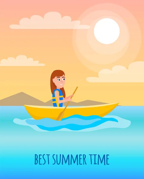 En iyi yaz saati Pposter kız Kayak teknede oturur — Stok Vektör