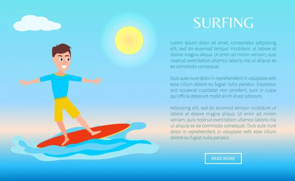Surfen Web Poster ontwerp Boy Surfer, zomersport — Stockvector