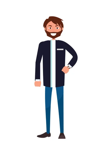 Homme Barbu en Veste et Jeans Bleu Stand Souriant — Image vectorielle