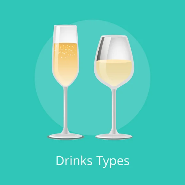 Tipos de bebidas Vino blanco Champán Alcohol clásico — Vector de stock