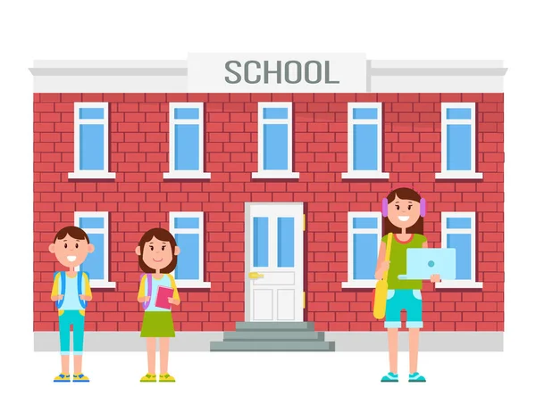 School Building and People Vector Illustration — Stock Vector