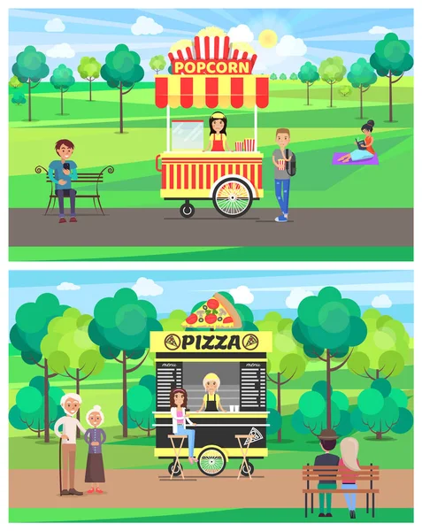 Popcorn en Pizza winkels in Green Park kleur Banner — Stockvector