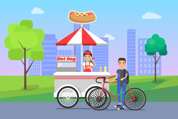 Hot Dog verkoper en klant vectorillustratie — Stockvector