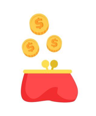 Kırmızı cüzdan ve kadının düşen para portre çantanızda, ailenin ekonomik istikrar dolar sikke, kazanç üzerinde beyaz izole illüstrasyon vektör