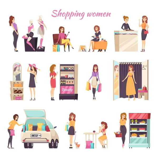 Compras Mujeres en diferentes tiendas Tarjeta de color — Vector de stock