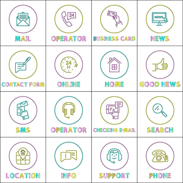 Conjunto de iconos redondos lineales de comunicación brillante e Internet — Vector de stock