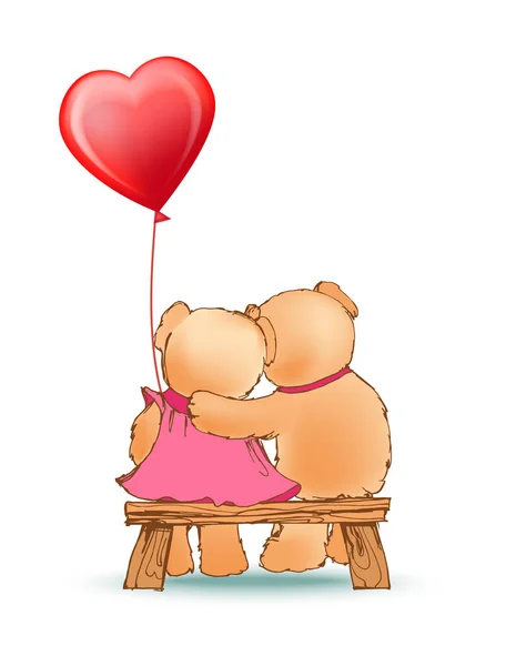 Δύο αρκούδες που κάθεται στον πάγκο με το κόκκινο μπαλόνι — Διανυσματικό Αρχείο